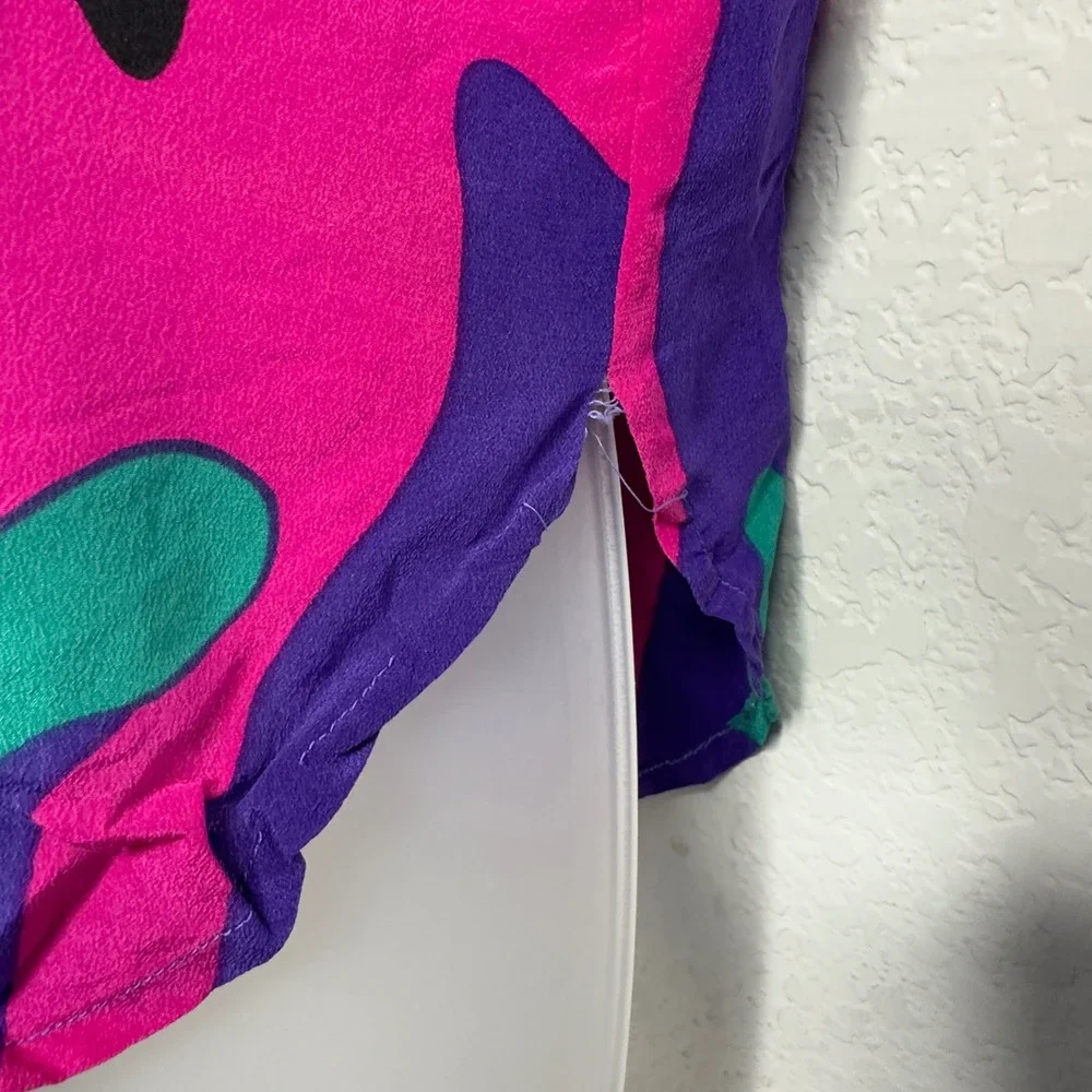 Vintage Flora Kung Shirt Womens 12 Pink Purple Silk Abstract‎ Bold Artsy 80s 90s
